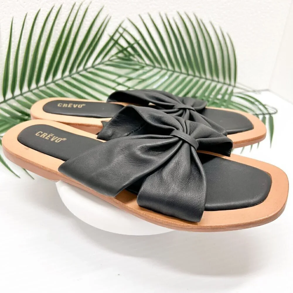 CREVO Kitty Bow Leather Slide Sandal Size 6 Black Square Open Toe Flats